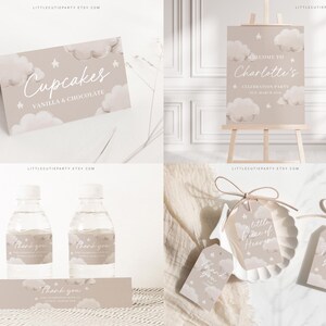 May include: A set of printable party decorations with a cloud and star theme. The set includes a welcome sign, water bottle labels, favor tags, and a cupcake sign. The colors are beige and white.
