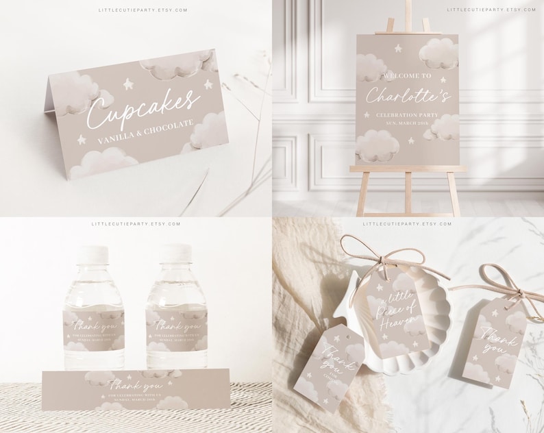 May include: A set of printable party decorations with a cloud and star theme. The set includes a welcome sign, water bottle labels, favor tags, and a cupcake sign. The colors are beige and white.