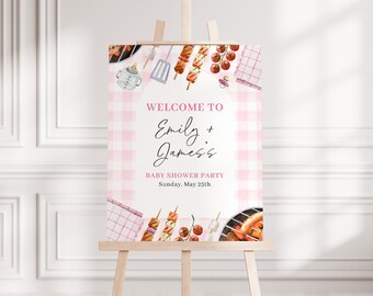 Cartello di benvenuto modificabile Babyq rosa per baby shower, cartello rosa per baby shower BBQ, cartello di benvenuto per bambina Baby Q, modello di benvenuto per decorazioni per baby shower BBQBS003