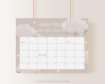 Könnte beinhalten: Ein druckbares Babyparty-Spiel mit hellbraunem Hintergrund und weißen Wolken. Das Spiel heißt "Errate das Geburtstermin" und zeigt einen Kalender mit den Monaten März und April. Der Text "Baby Olivia" steht oben auf der Seite.