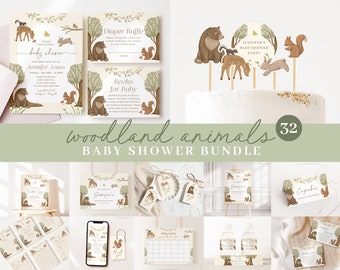 Pacchetto di inviti modificabili per baby shower a tema bosco, pacchetto bosco, pacchetto baby shower con animali del bosco e giochi e tutte le decorazioni WOOD001