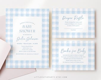 Bewerkbare blauwe pastel babyshower uitnodiging, baby blauwe jongen babyshower uitnodiging, pastel met luier loterij, boeken voor baby en tag BGHBS002