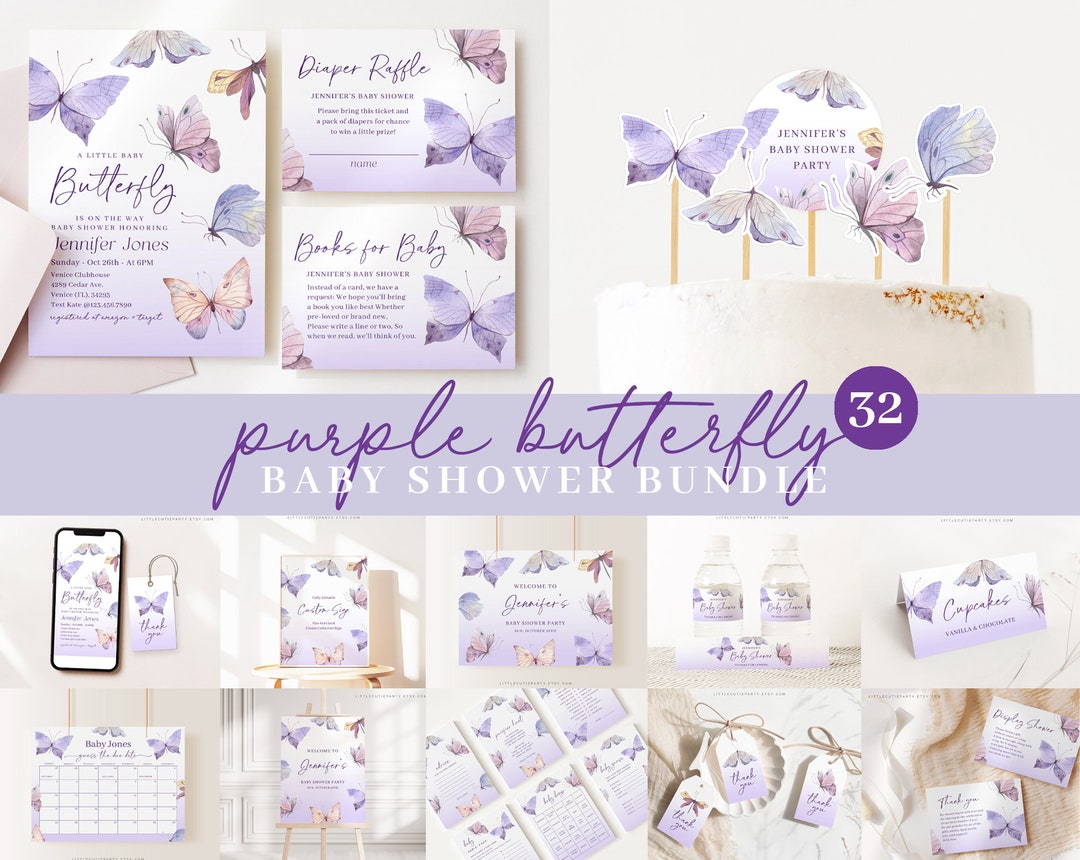 Editable Purple Butterfly Baby Shower Bundle, Purple Butterfly Bundle ...