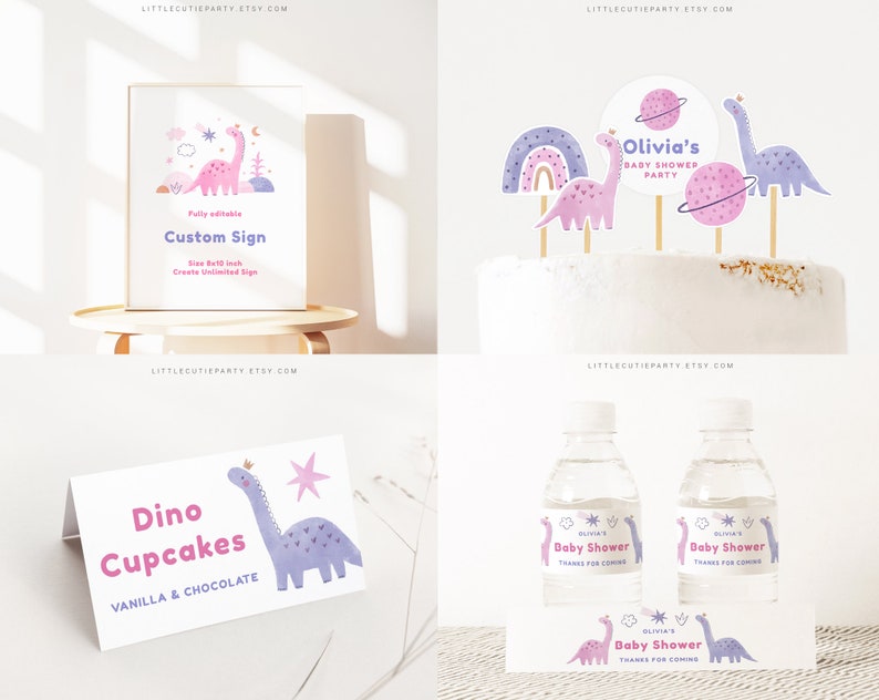 Editable Baby Girl Dinosaur Baby Shower Bundle, Pink Dinosaur Baby