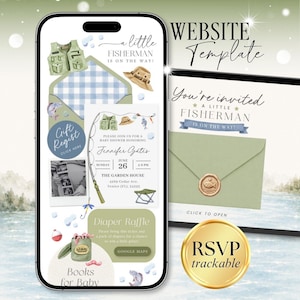 May include: A digital website template for a baby shower featuring a fisherman theme. The design includes watercolor illustrations of a fishing vest, hat, rod, and fish. Text reads A little fisherman is on the way, Jennifer Gates, and RSVP trackable.