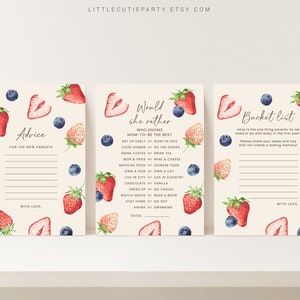 May include: Three printable baby shower game cards with a watercolor strawberry and blueberry design. The cards are titled "Advice for the New Parents", "Would She Rather", and "Bucket List".