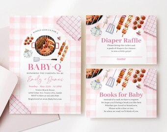 Redigerbar BBQ-babyshowerinbjudan till flicka, Baby Q-flickinbjudningar, BabyQ rosa babyshower med blöjlotteri, bok för baby och etikett BBQBS003