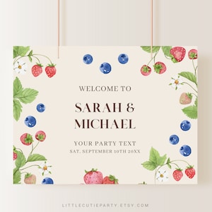 Bewerkbare Berry Baby Shower Banner, Bosbessen en Aardbeien Baby Shower Decoraties, Achtergrond voor Berry Baby Shower Welkomstbord BERGR001