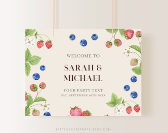 Editable Berry Baby Shower Banner, Blueberry and Strawberry Baby Shower Decorations, Backdrop for Berry Baby Shower Welcome Sign BERGR001