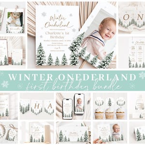 Editable Winter Onederland Birthday Invitation Bundle, Winter Birthday Invitation, Winter 1st Birthday Bundle with Decorations WIOBD001
