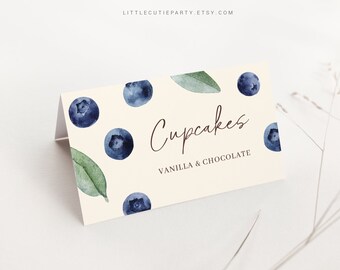 Editable Blueberry Food Tag, Food Tent cards, Food Label, Folded Food Cards for Blueberry Baby Shower Party BLUEBS002