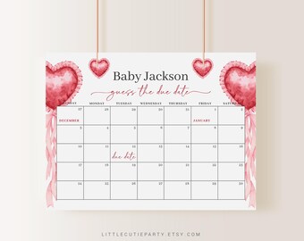 Puede incluir: Un juego de baby shower imprimible con un calendario para que los invitados adivinen la fecha de parto. El calendario está decorado con corazones rosas y cintas. El texto "Baby Jackson guess the due date" está en la parte superior del calendario.