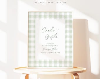 Editable Sage Green Gingham Sign, Custom Sign Template for Baby Shower Party with Sage Green Baby Shower Theme GGHBS001