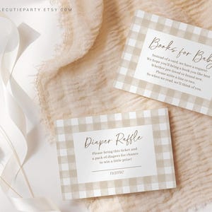 May include: Two printable cards with a brown and white gingham pattern. The first card says "Books for Baby" and has instructions for guests to bring a book for the baby. The second card says "Diaper Raffle" and has instructions for guests to bring a pack of diapers for a chance to win a prize.