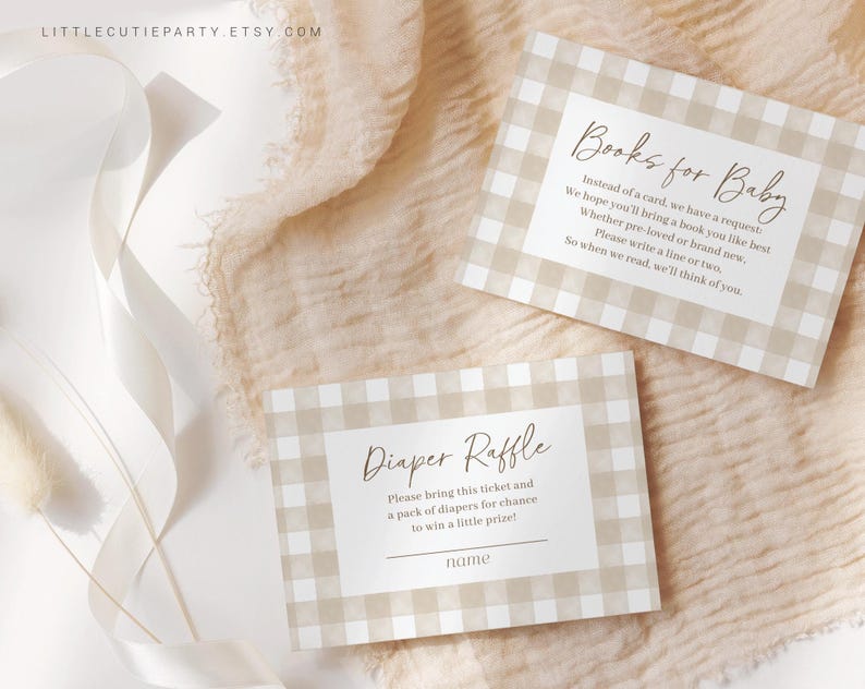 May include: Two printable cards with a brown and white gingham pattern. The first card says "Books for Baby" and has instructions for guests to bring a book for the baby. The second card says "Diaper Raffle" and has instructions for guests to bring a pack of diapers for a chance to win a prize.