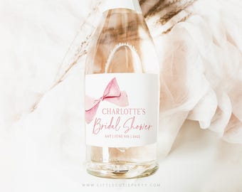 Pink Bow Bridal Shower Champagne Bottle Labels:  shes tying the knot decor (Editable Template) PBBDS001