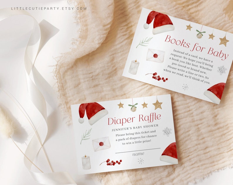 Peut inclure: Cartes de baby shower sur le th&egrave;me de No&euml;l avec des illustrations &agrave; l'aquarelle. Les cartes pr&eacute;sentent des bonnets de P&egrave;re No&euml;l, des &eacute;toiles, des flocons de neige et le texte "Books for Baby" et "Diaper Raffle". Les cartes sont sur fond cr&egrave;me.