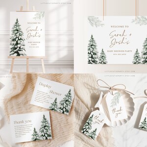 May include: A collection of baby shower party stationery with a winter theme. Includes a welcome sign, display shower card, thank you cards, and gift tags. The designs feature snowy evergreen trees and elegant calligraphy.