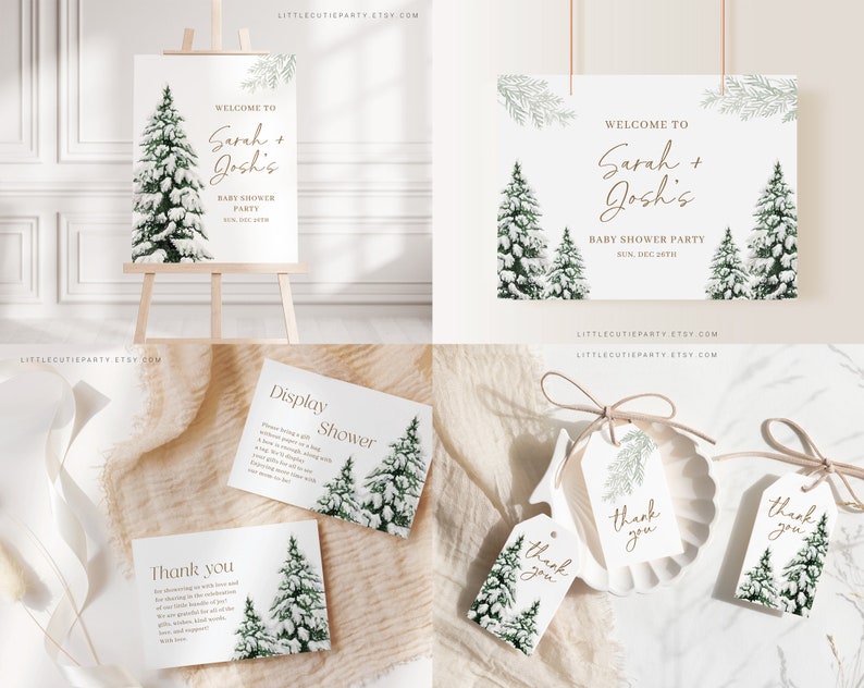 May include: A collection of baby shower party stationery with a winter theme. Includes a welcome sign, display shower card, thank you cards, and gift tags. The designs feature snowy evergreen trees and elegant calligraphy.