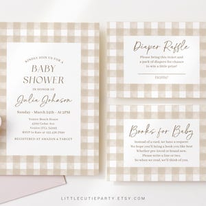 May include: A set of three printable baby shower cards with a brown and white gingham pattern. The cards include a baby shower invitation, a diaper raffle ticket, and a request for books instead of cards. The text on the cards is in a brown font.