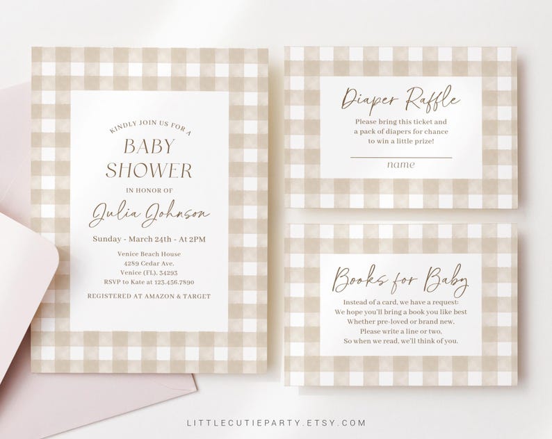 May include: A set of three printable baby shower cards with a brown and white gingham pattern. The cards include a baby shower invitation, a diaper raffle ticket, and a request for books instead of cards. The text on the cards is in a brown font.