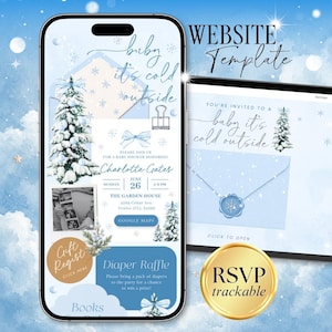 May include: A digital baby shower invitation template displayed on a smartphone and tablet screen. The design features a light blue winter theme with snowy pine trees, snowflakes, and the text Baby it's cold outside. Includes sections for event details, a diaper raffle, and a gift registry link.
