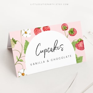 Étiquettes alimentaires modifiables aux fraises, cartes de tente alimentaire, étiquettes alimentaires, cartes alimentaires pliées pour la fête de douche de bébé aux fraises STRWBS001