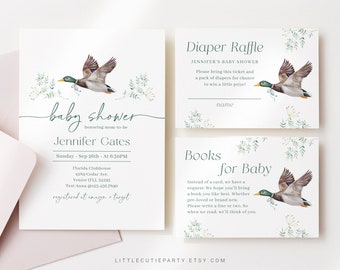 Editable Mallard Duck Baby Shower Invitation, Duck Baby Shower Invitation with Diaper Raffle, Books for Baby and Gift Tag MALBS001