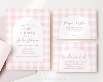 Editable Pink Gingham Baby Shower Invitation, Pink Shower Invite, Its a Girl Shower with Diaper Raffle, Books for Baby and Tag PGHBS002