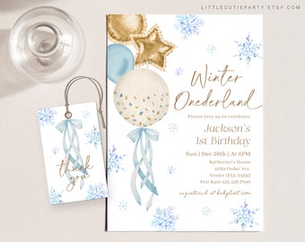 Bearbeitbare Winter Onederland Geburtstagseinladung, Geschenkanhänger (Digitaler Download) WNTBD003