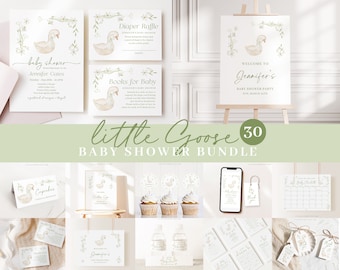 May include: A baby shower printable bundle with a watercolor illustration of a white goose with green leaves. The bundle includes invitations, thank you cards, cupcake toppers, a welcome sign, and more. The text on the sign reads "Welcome to Jennifer's Baby Shower Party".