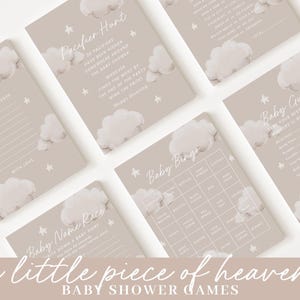 May include: A set of baby shower game cards with a light brown background and white clouds. The cards feature the text "a little piece of heaven" and "Baby Shower Games". The games include "Advice for the New Parents", "Pacifier Hunt", "Baby Name Race", "Baby Bingo", and "Baby Guess".