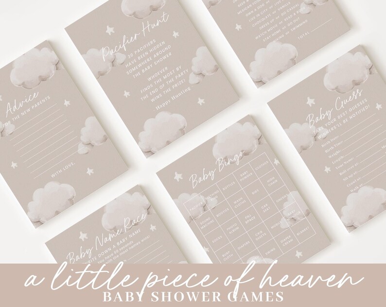 May include: A set of baby shower game cards with a light brown background and white clouds. The cards feature the text "a little piece of heaven" and "Baby Shower Games". The games include "Advice for the New Parents", "Pacifier Hunt", "Baby Name Race", "Baby Bingo", and "Baby Guess".