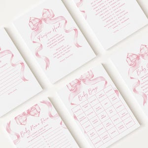Lot de 10 jeux de baby shower modifiables avec noeud rose, ruban rose, jeux de société pour baby shower bébé fille PBWBS001