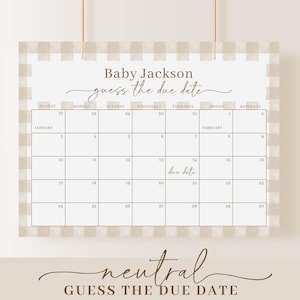 K&ouml;nnte beinhalten: Ein druckbares Babyparty-Spiel mit einem Kalender mit Gingham-Muster. Das Spiel hei&szlig;t "Errate das Geburtsdatum" und das Baby hei&szlig;t Baby Jackson. Das Geburtsdatum ist im Kalender markiert.