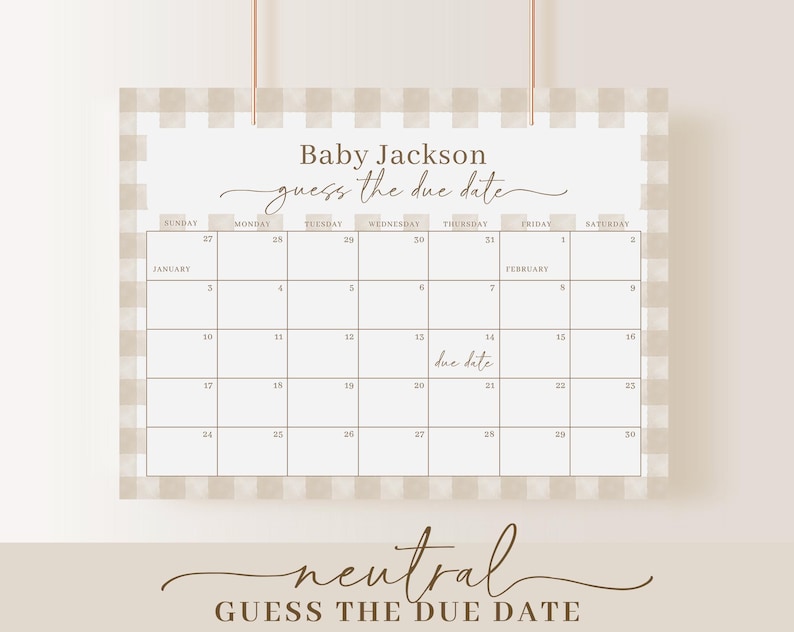 K&ouml;nnte beinhalten: Ein druckbares Babyparty-Spiel mit einem Kalender mit Gingham-Muster. Das Spiel hei&szlig;t "Errate das Geburtsdatum" und das Baby hei&szlig;t Baby Jackson. Das Geburtsdatum ist im Kalender markiert.