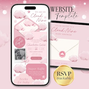 May include: A digital website template for a baby shower featuring a pink cloud theme. The screen displays text including We Are On Cloud Nine, Charlotte Gates, June 26, and Diaper Raffle. A gold circular badge with the text RSVP trackable is included.