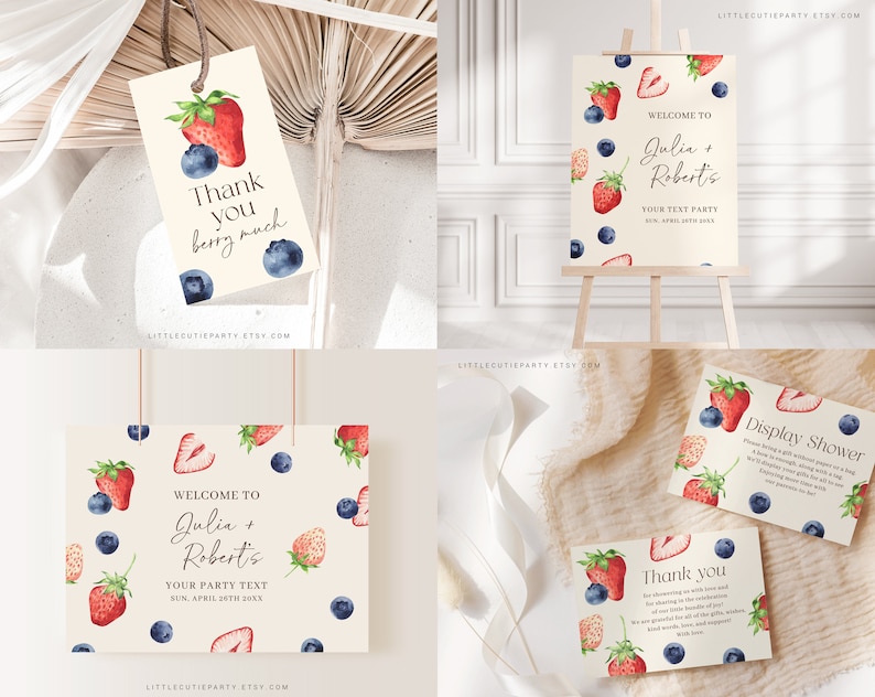 May include: Printable digital download for a bridal shower. The design features watercolor illustrations of strawberries and blueberries on a cream background. The text reads "Welcome to Julia + Robert's Your Party Text Sun, April 26th 20XX".