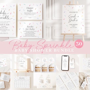 May include: A set of 30 printable baby shower decorations with a sprinkle theme. The set includes invitations, welcome signs, cupcake toppers, favor tags, and more. The colors are pink, blue, yellow, and white.