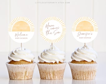 "Here Comes The Son" Boho Sun & Daisy Cake Topper Set | 42-Piece Baby Shower Decor In Orange & Blue - View #8