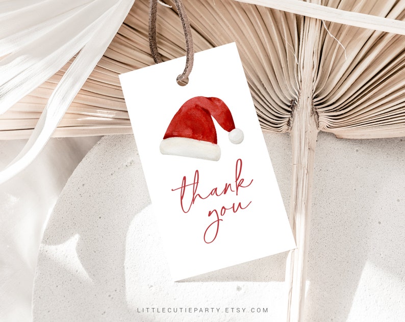Peut inclure: Une &eacute;tiquette cadeau blanche avec une illustration &agrave; l'aquarelle d'un bonnet de P&egrave;re No&euml;l et l'inscription "thank you" en script rouge. L'&eacute;tiquette est suspendue par une ficelle marron, sur fond neutre.