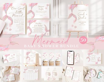 May include: A set of 30 printable mermaid-themed baby shower decorations. The set includes invitations, a welcome sign, cupcake toppers, a diaper raffle sign, a books for baby sign, and more. The decorations feature a pink and gold color scheme with a mermaid tail and seashells.