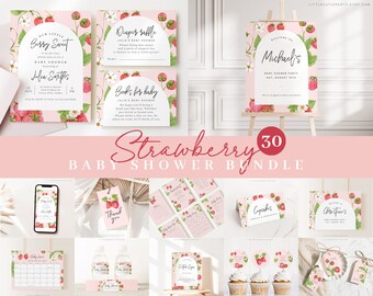 Editable Strawberry Baby Shower Bundle, Invitation, Games (Digital Download) STRWBS001
