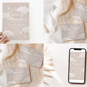 May include: A set of printable baby shower invitations with a cloud and star theme. The invitations feature the text "a little piece of heaven" and "Charlotte Smith".
