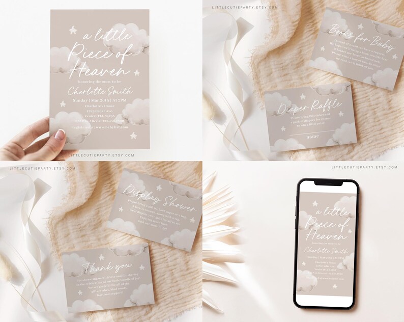 May include: A set of printable baby shower invitations with a cloud and star theme. The invitations feature the text "a little piece of heaven" and "Charlotte Smith".