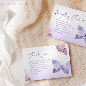 Bewerkbare paarse vlinder Bedankkaart, Baby Shower Display Card voor Butterfly Baby Shower Party BTFBS002