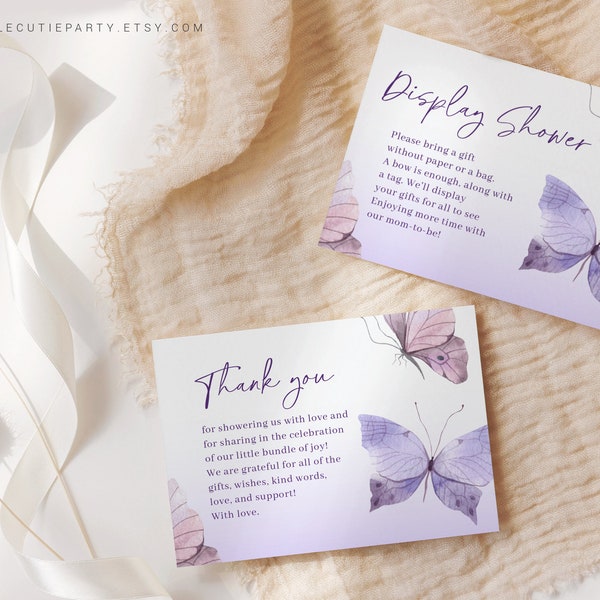 Editable Purple Butterfly Thank you Card, Baby Shower Display Card for Butterfly Baby Shower Party BTFBS002