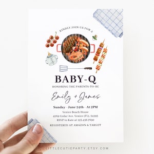 May include: A baby shower invitation with a watercolor illustration of a grill with various foods, including hot dogs, steak, fish, and skewers. The text reads "KINDLY JOIN US FOR A BABY-Q HONORING THE PARENTS-TO-BE Emily + James Sunday - June 24th - At 2PM Venice Beach House 4289 Cedar Ave. Venice (FL). 34293 RSVP to Kate at 123.456.7890 REGISTERED AT AMAZON & TARGET LITTLECUTIEPARTY ETSY.COM"