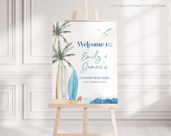 May include: Welcome to Emily + James's wedding sign with a watercolor beach theme. The sign features palm trees, surfboards, and a seagull. The text reads "Welcome to Emily + James's CUSTOM TEXT HERE SUN, MARCH 24TH".