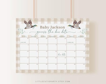 May include: A printable baby shower game with a brown and white gingham background. The game is a calendar with the text "Baby Jackson guess the due date" and two ducks on either side of the text. The calendar is for January and February.
